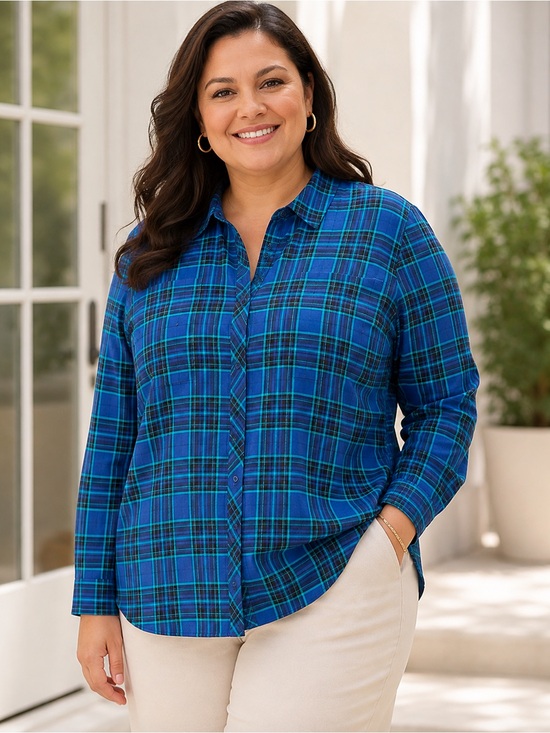 Talbots Tops - Talbots blue plaid long roll tab sleeve button top size 3X lightweight collared